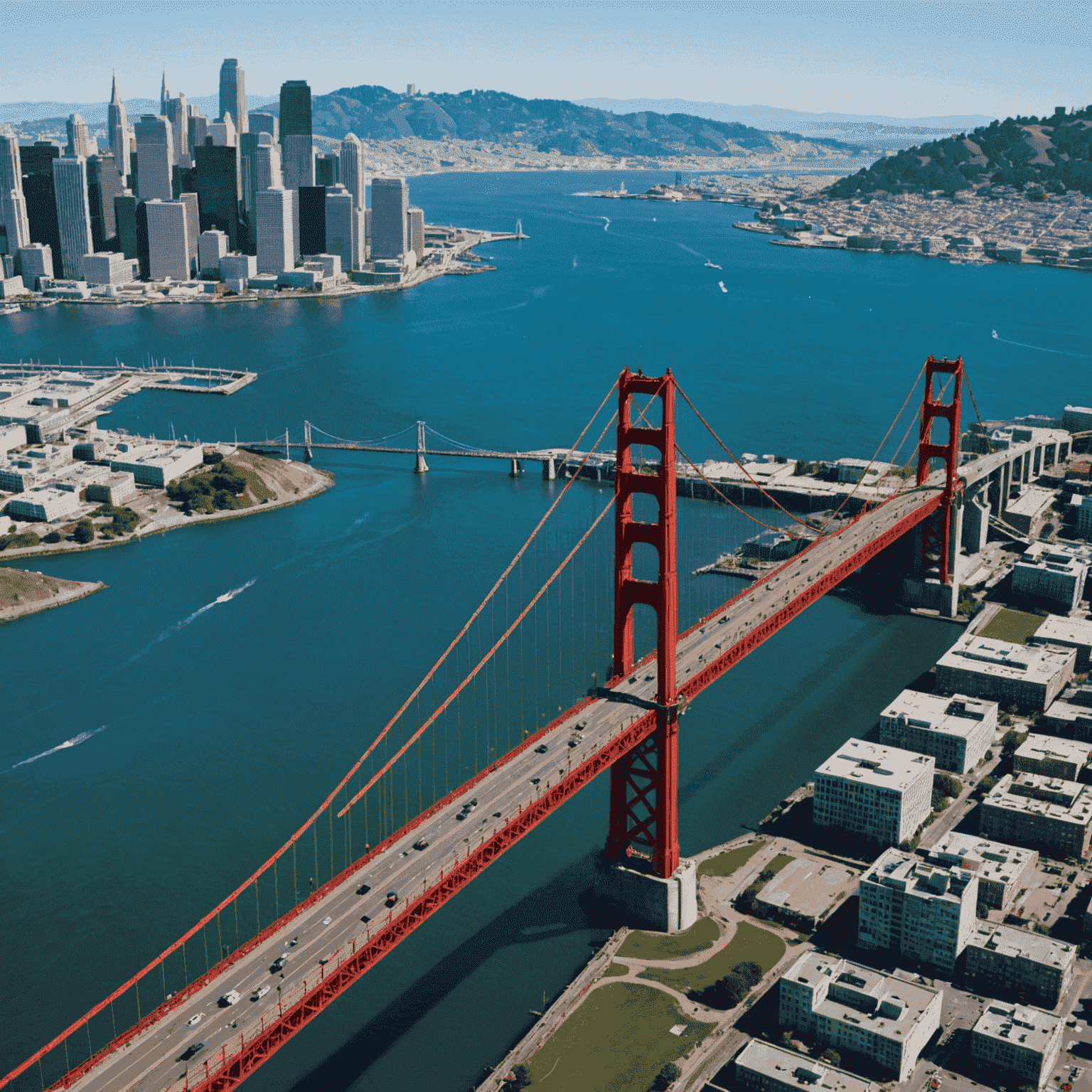 Aerial view of a nearly completed suspension bridge spanning across the San Francisco Bay, with the city skyline visible in the background. The bridge's distinctive red towers contrast beautifully with the blue water below.
